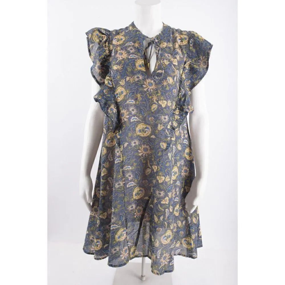 Chufy Womens Mona Embroidered Mini Dress M Navy Blue Floral Short Sleeve NWT